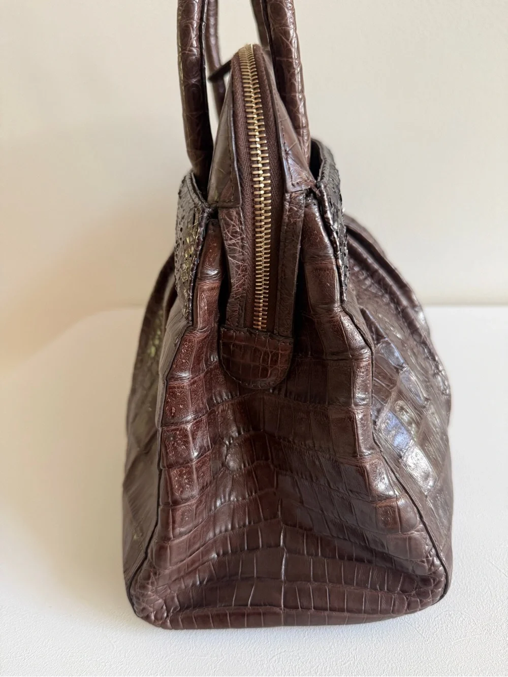 NANCY GONZALEZ Genuine Crocodile Top Handle Shoulder Bag Handbag, Brown